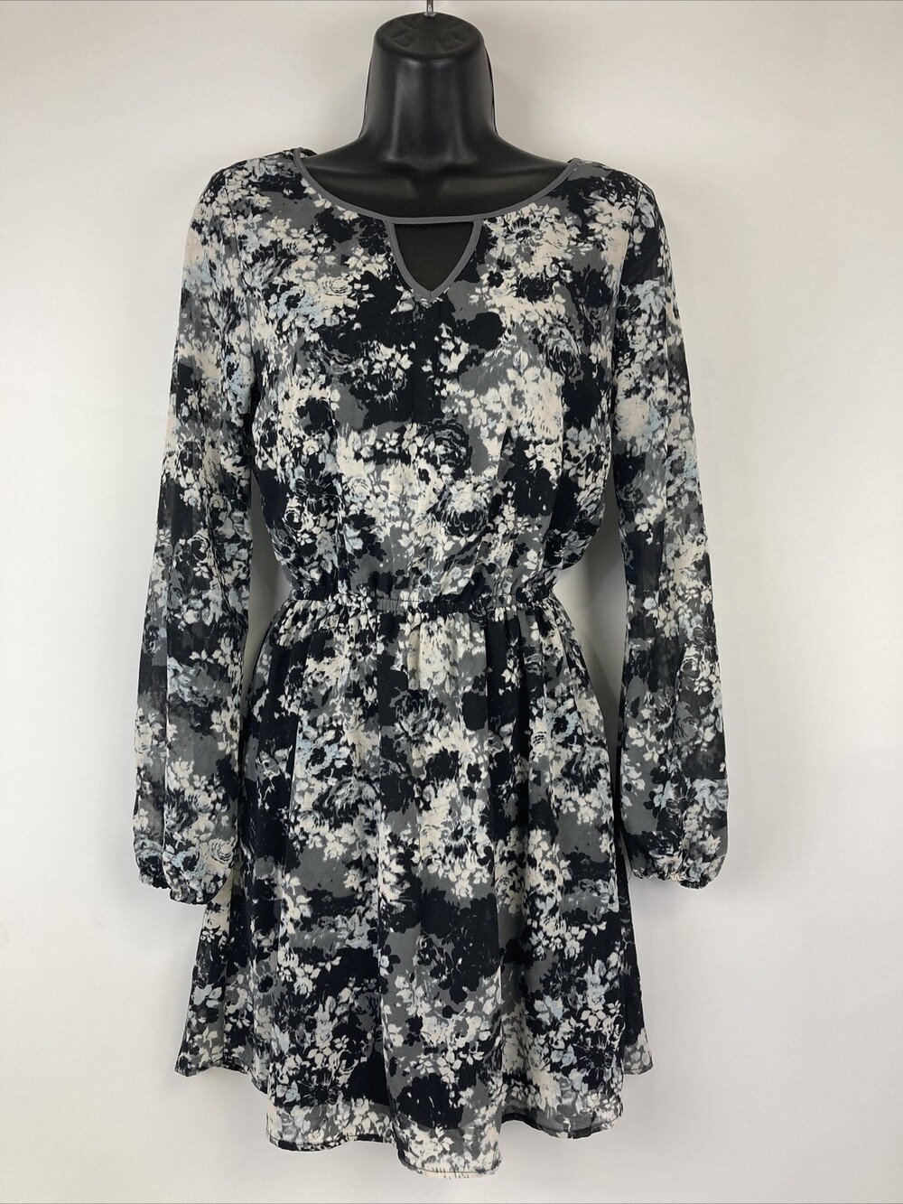 Xhilaration Juniors XS Floral Long Sleeve Black White Spring Mini Dress Sheer